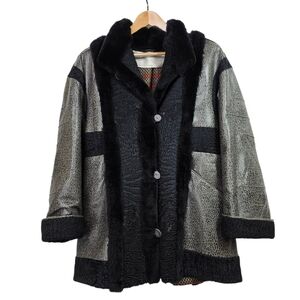 Vintage Textured Leather with persian lamb fur and rabbit fur accent Jacket USSR